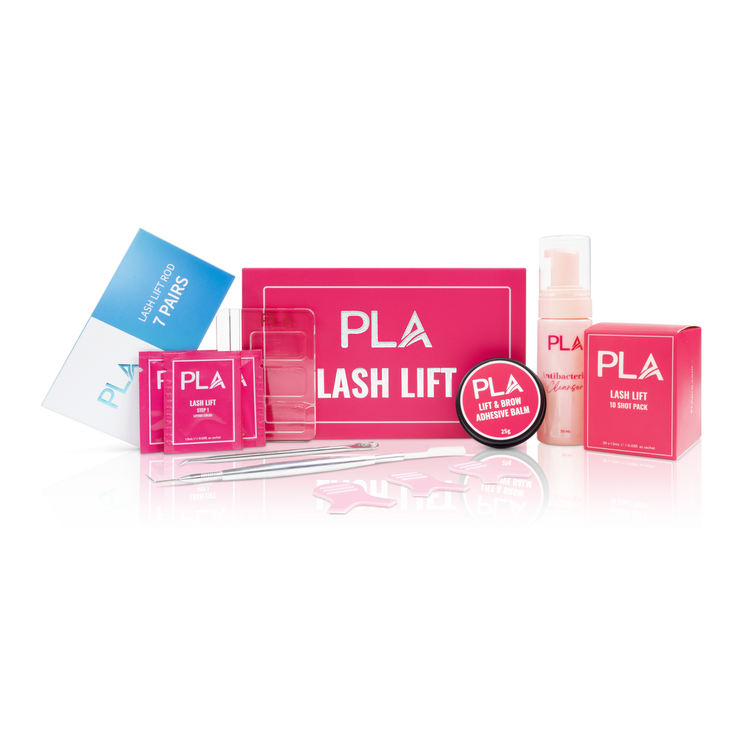 PLA Lash Lift and Tint Line: Lash Lift Kit (front view of the box and products found in kit)
