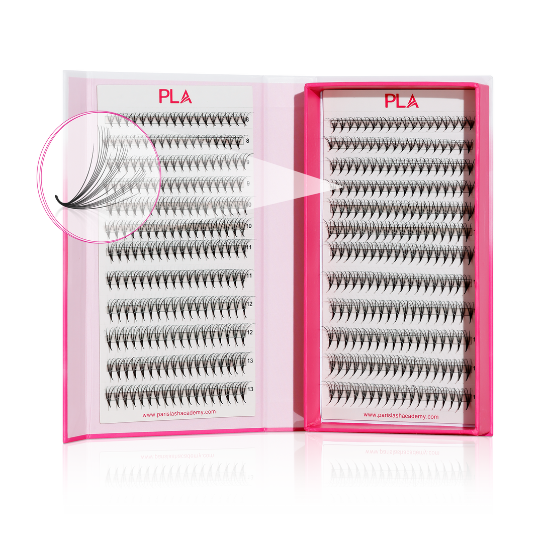 PLA's Spike Lashes — 7D Triple Spike ProMades (front view of the tray, view of the individual fan)