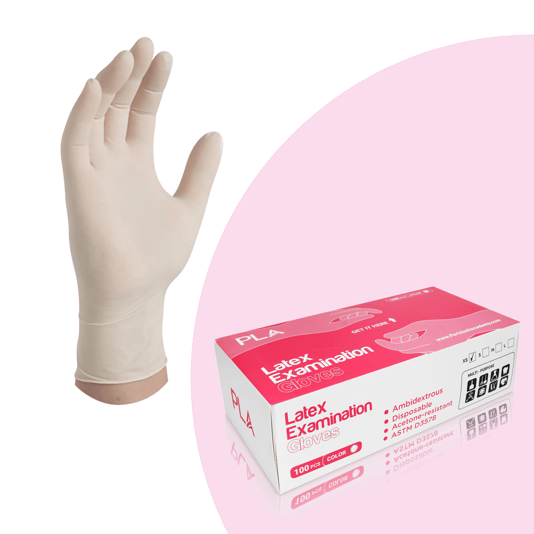 Latex Examination Gloves from Paris Lash Academy: Extra Small (front view of box and gloves worn on a hand)