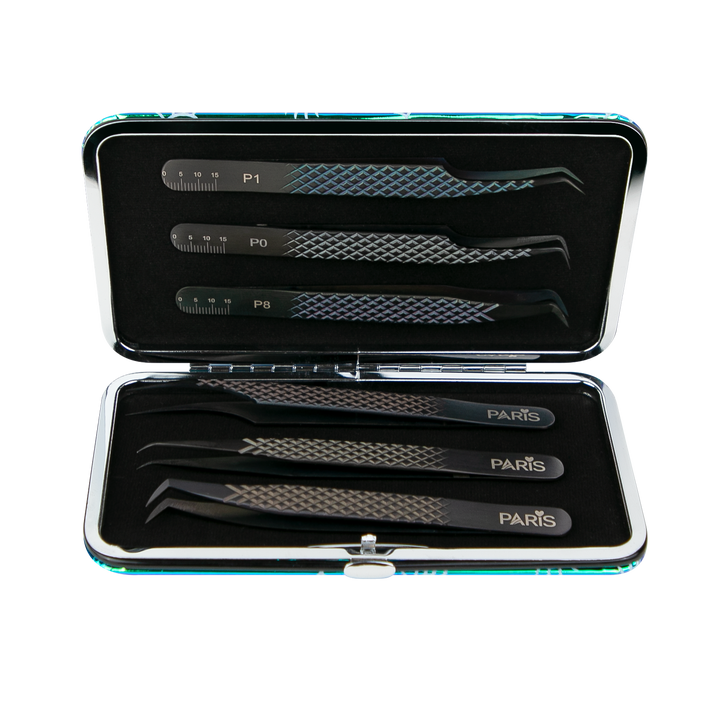 Magnetic Case with EXTRA LONG Matte Black Professional Tweezers Set