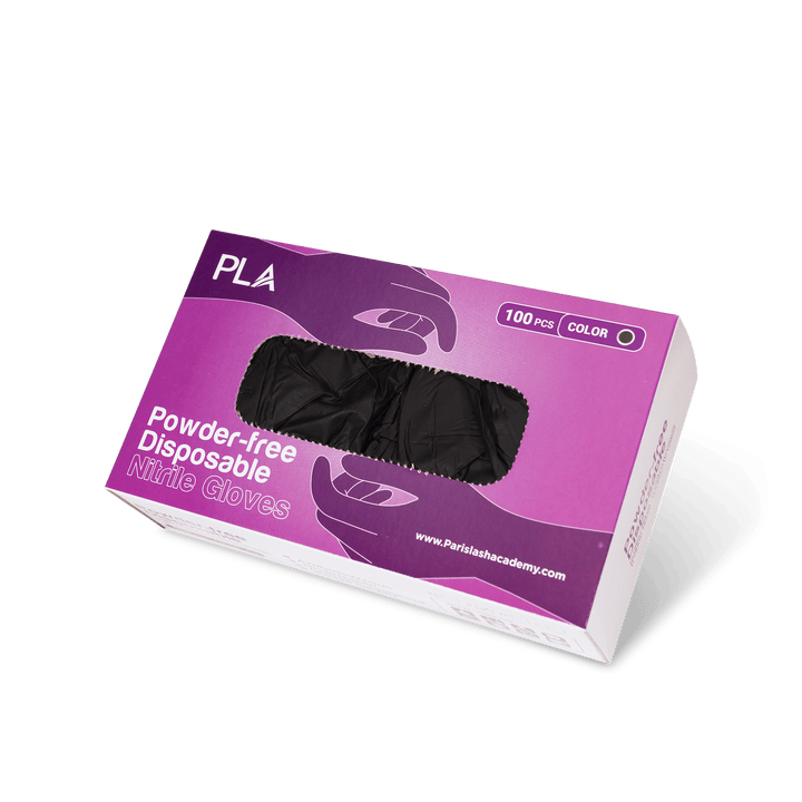 Nitrile Disposable Gloves from Paris Lash Academy: Black (front view of box and gloves in box)