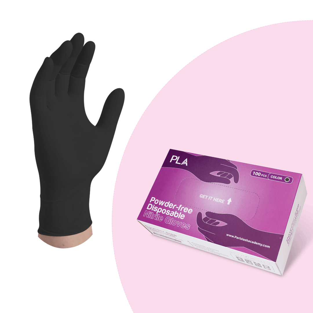 Nitrile Disposable Gloves from Paris Lash Academy: Black (front view of box and gloves worn on a hand)