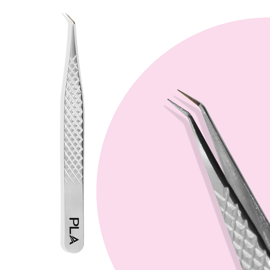 Fiber tip lash tweezers from Paris Lash Academy: 45 Degree Volume, Regular 12cm (front view and close up view of the tip)