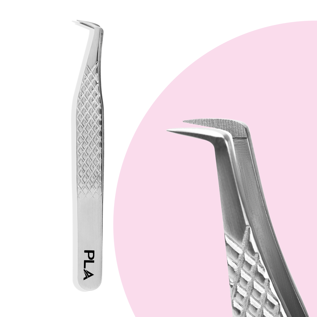 Fiber tip lash tweezers from Paris Lash Academy: 90 Degree Boot, Regular 12cm (back view and close up view of the tip)