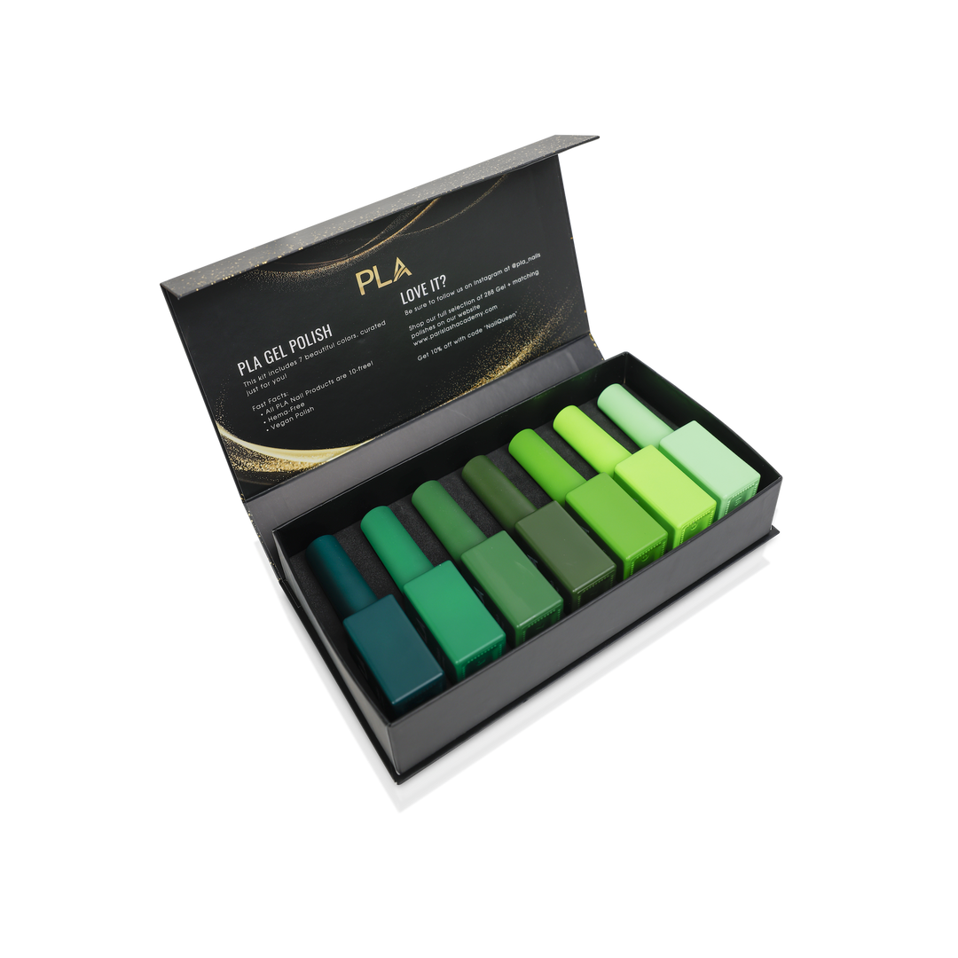 Mini nail polish sets from Paris Lash Academy — Greens (gel polishes, front view, open box)