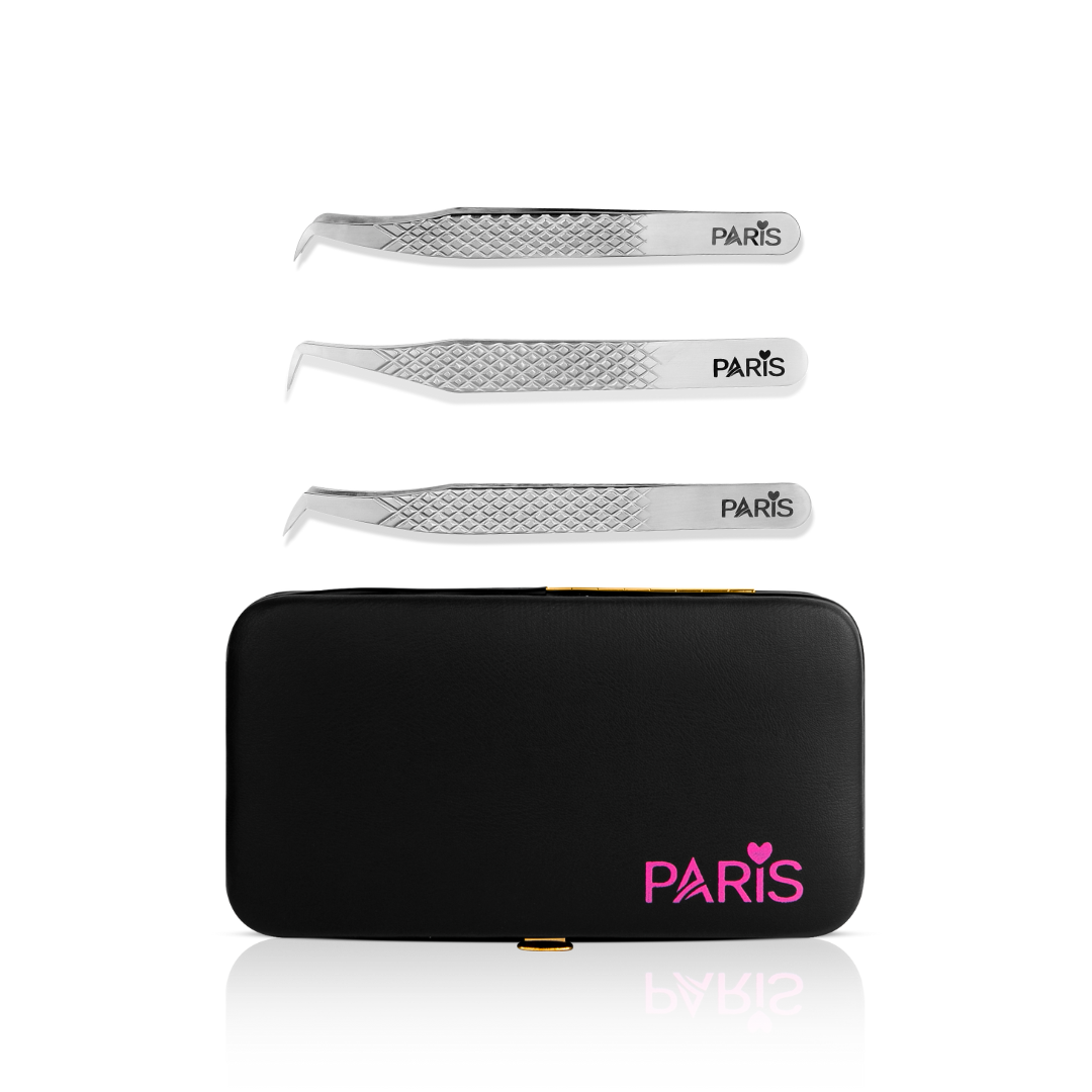 Mini Tweezer Set from Paris Lash Academy: The Triple Boot, P3, P8, P10 (front view of tweezers and magnetic tweezer case)