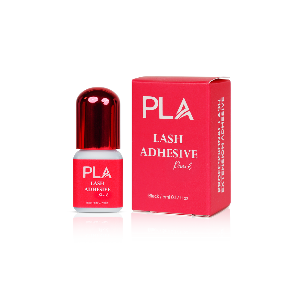 Lash Adhesive from Paris Lash Academy: Pearl (5mL). Front view of box , Front view of adhesive bottle