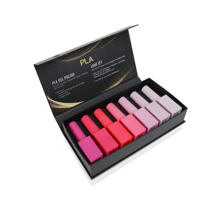 Mini nail polish sets from Paris Lash Academy — Pinks (gel polishes, open box front view)